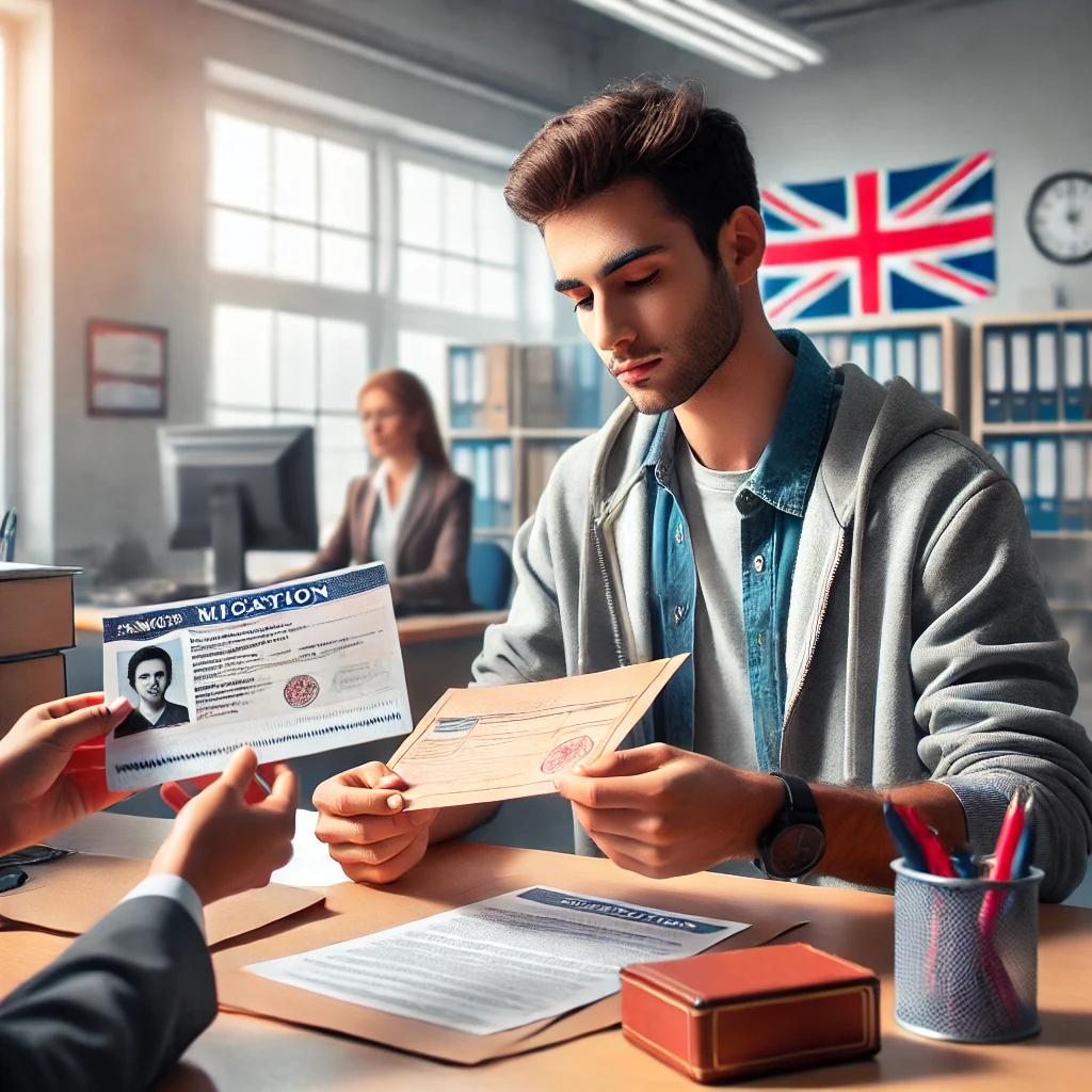 an international student receiving their residency permit at an immigration office. The student is holding official document